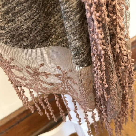 One World brown long floral mesh fringed open cardigan Size L EUC - Picture 5 of 10